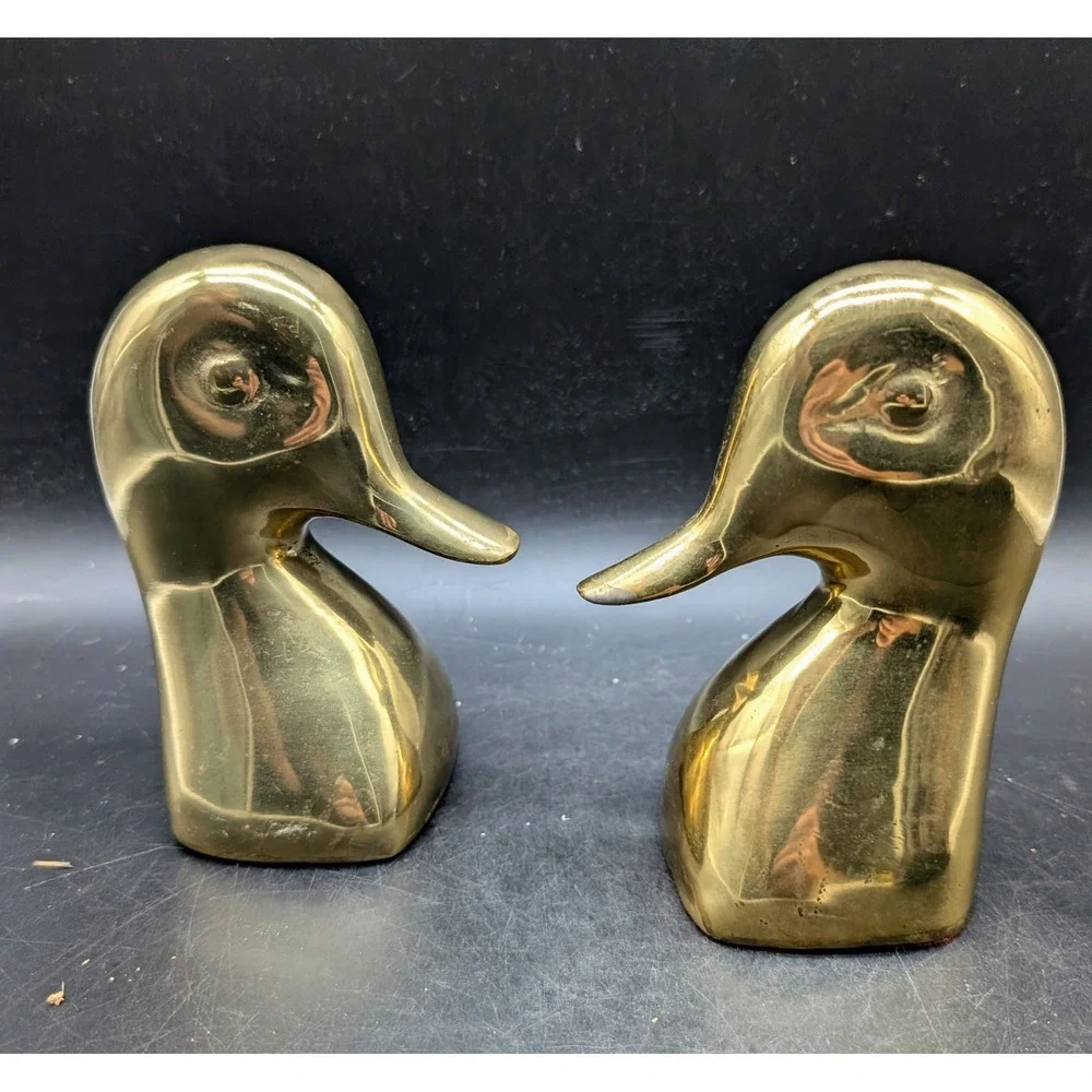 Vintage Solid Brass Duck Head Bookends Set Polished Gold Tone Mid Century Decor